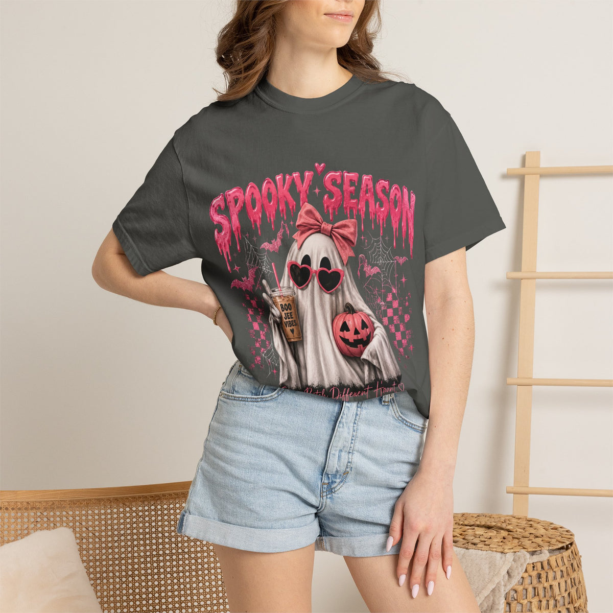 Spooky Season Ghost T-Shirt — Cute Pink Halloween Pumpkin & Trick-or-Treat Design