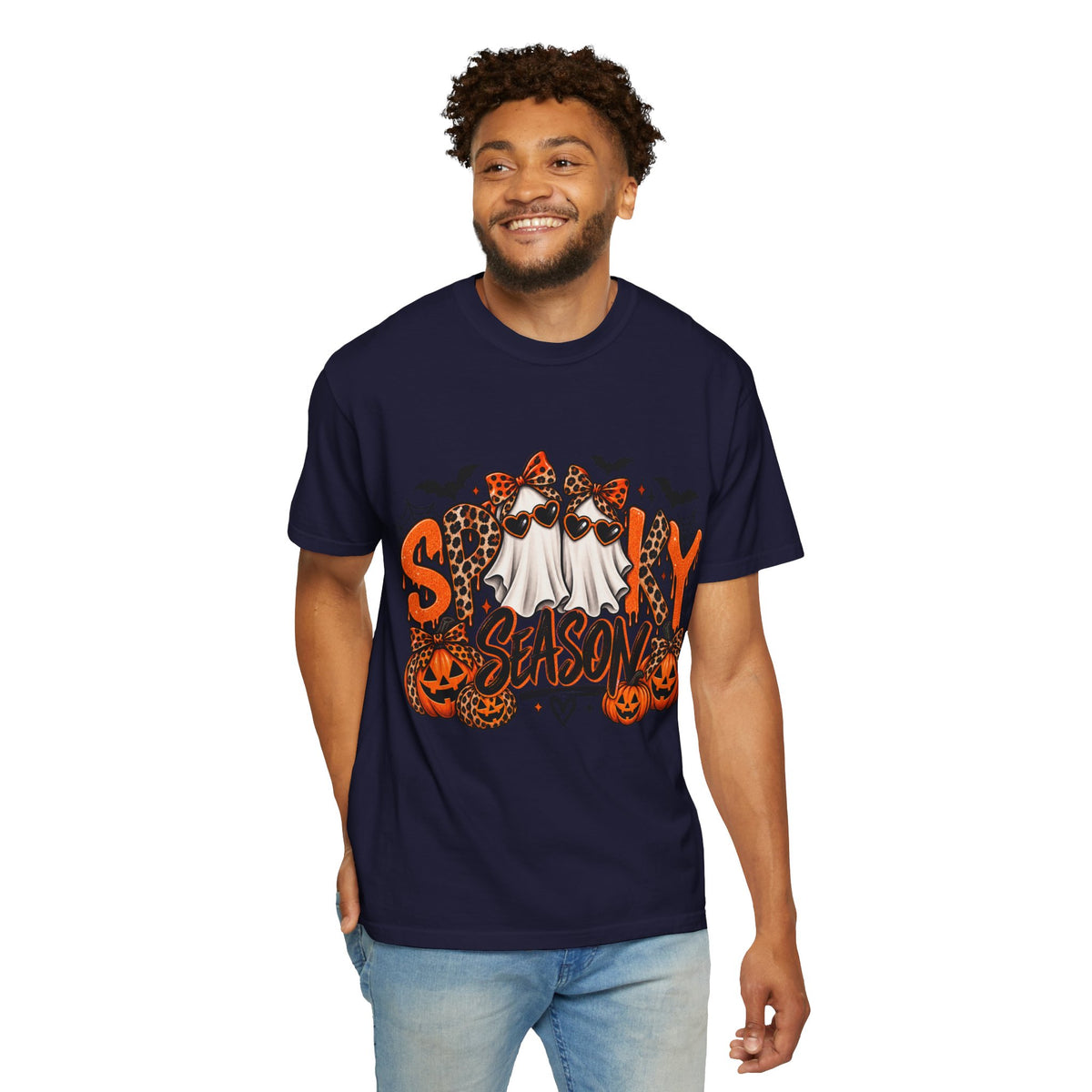 Spooky Season Halloween T-Shirt — Ghosts, Pumpkins & Leopard Bows