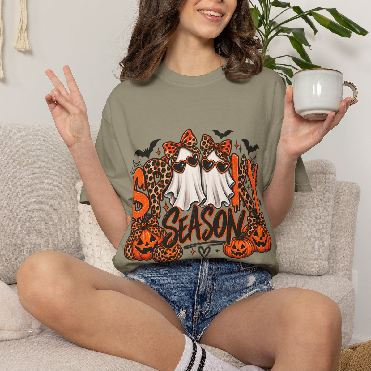 Spooky Season Halloween T-Shirt — Ghosts, Pumpkins & Leopard Bows