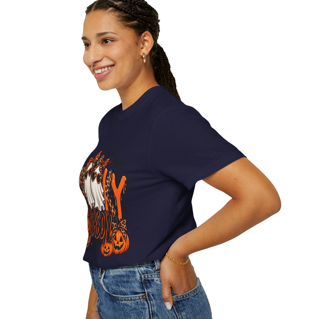 Spooky Season Halloween T-Shirt — Ghosts, Pumpkins & Leopard Bows