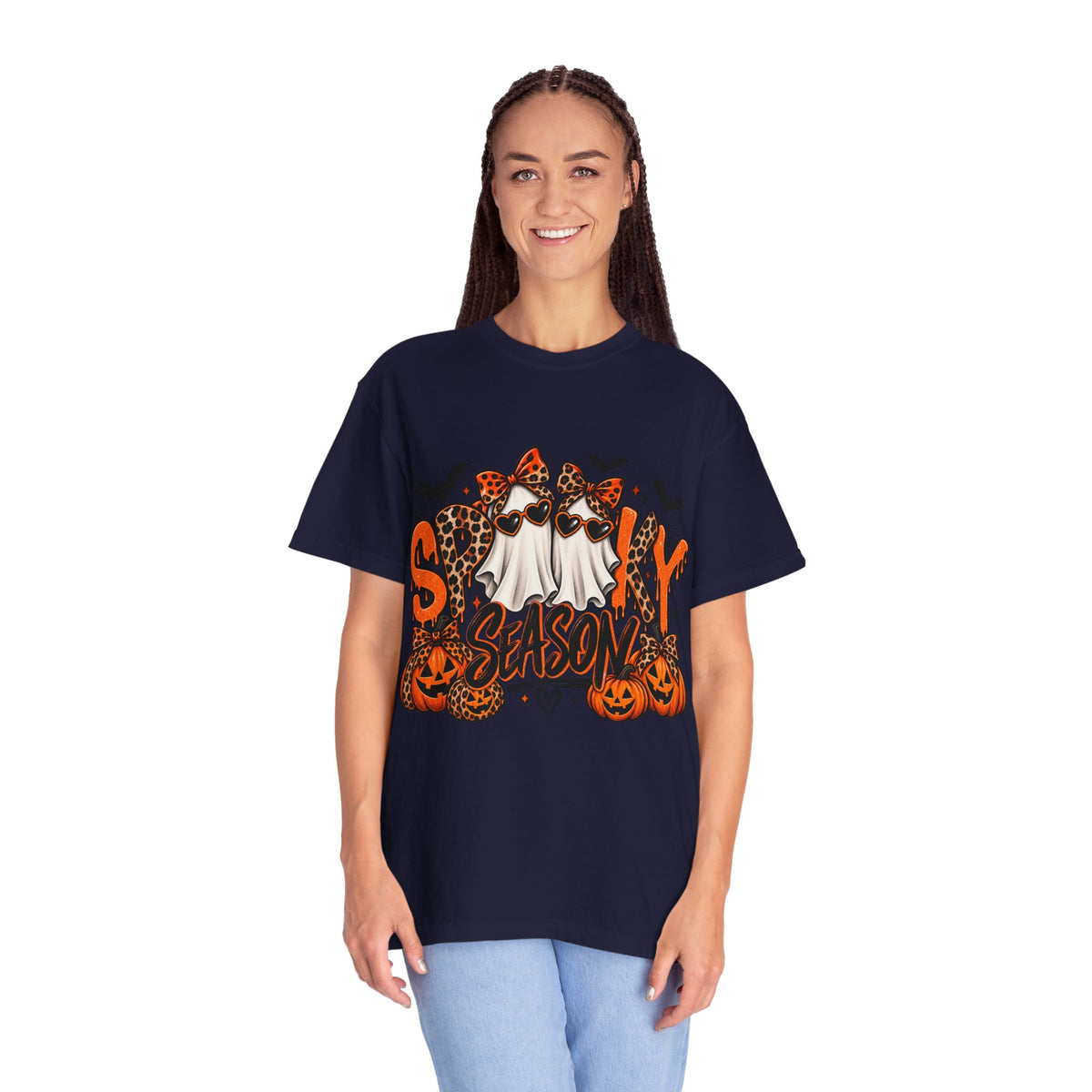 Spooky Season Halloween T-Shirt — Ghosts, Pumpkins & Leopard Bows