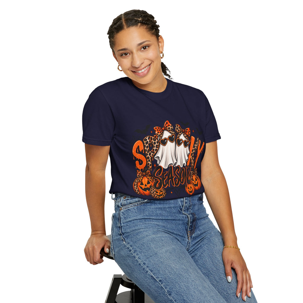 Spooky Season Halloween T-Shirt — Ghosts, Pumpkins & Leopard Bows