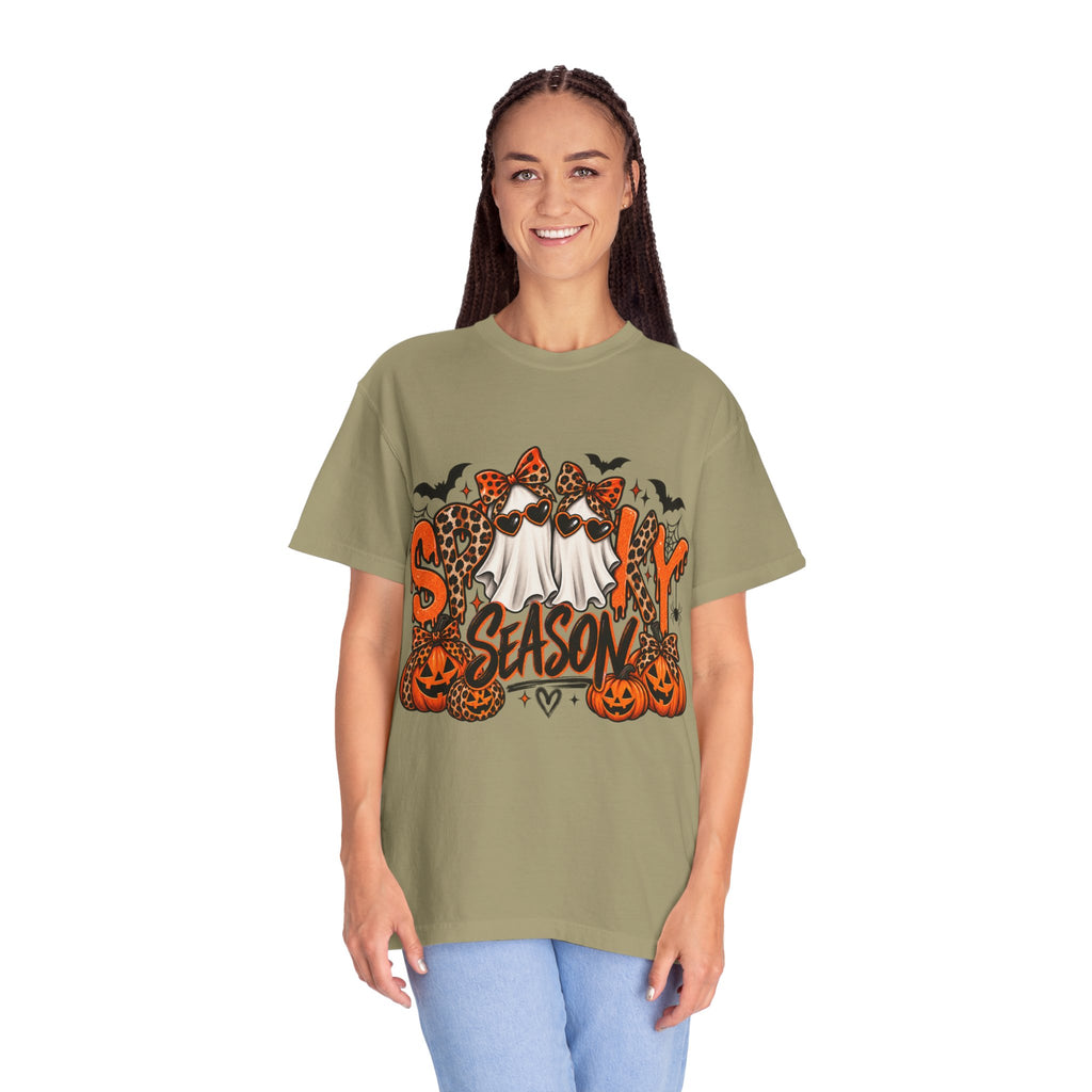 Spooky Season Halloween T-Shirt — Ghosts, Pumpkins & Leopard Bows