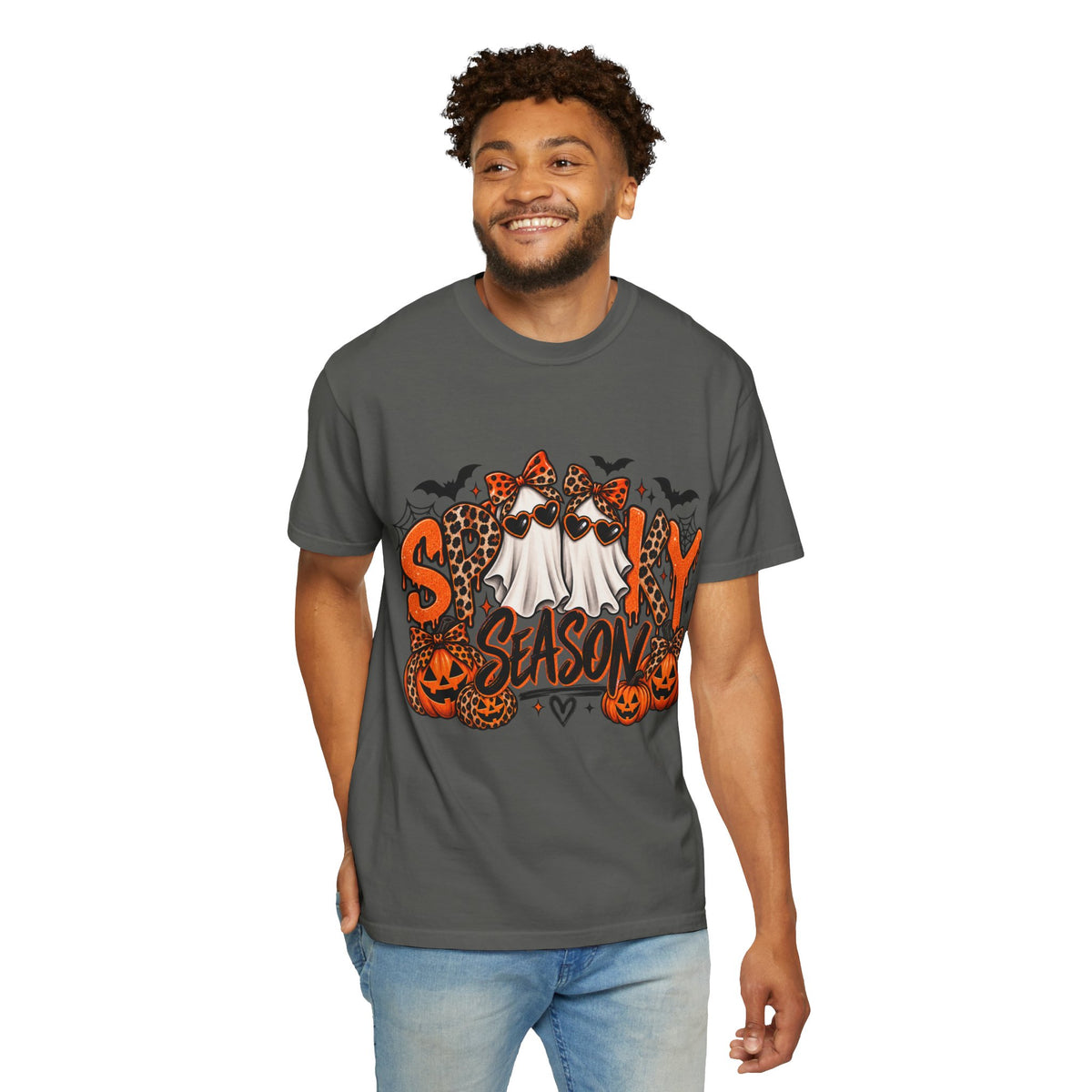 Spooky Season Halloween T-Shirt — Ghosts, Pumpkins & Leopard Bows