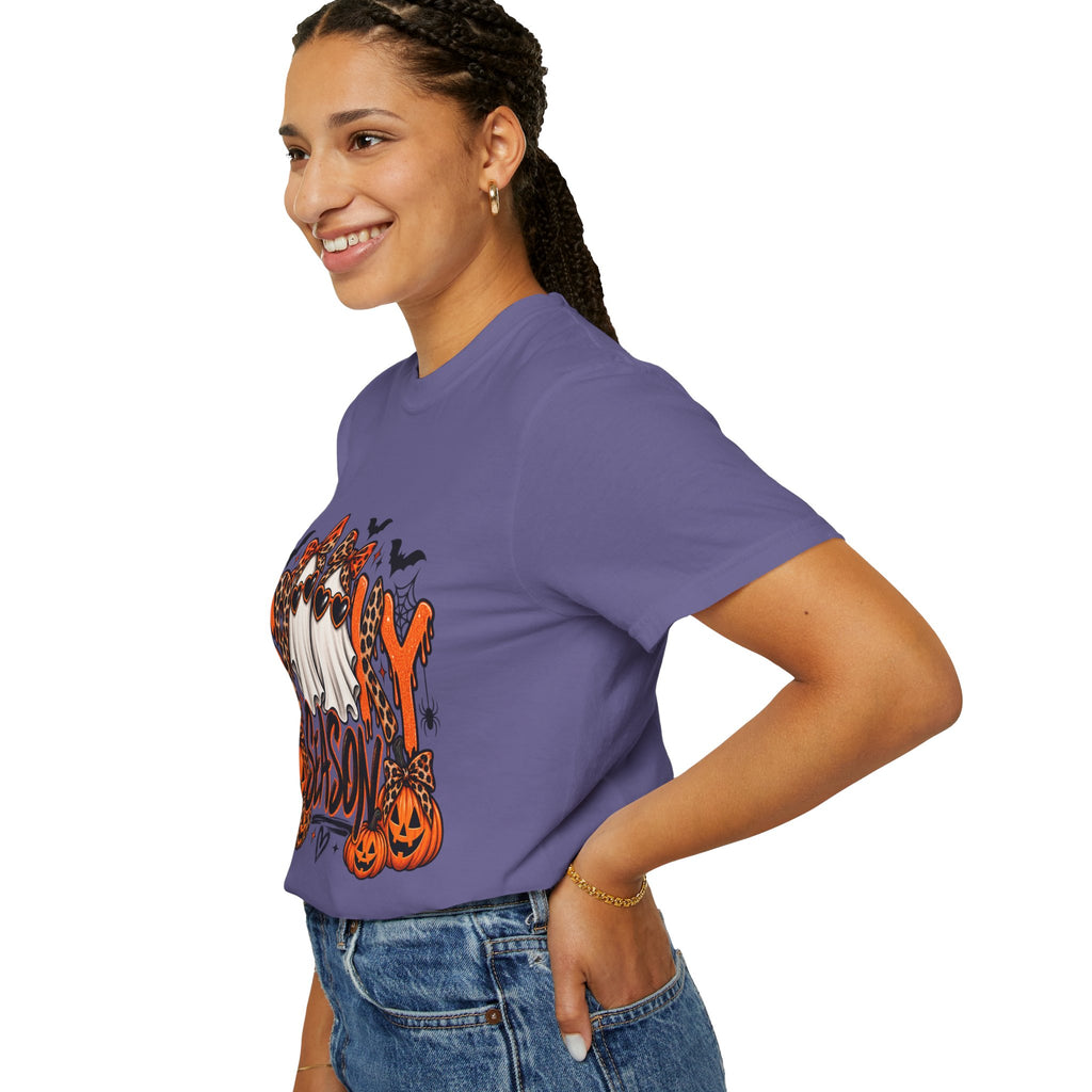 Spooky Season Halloween T-Shirt — Ghosts, Pumpkins & Leopard Bows