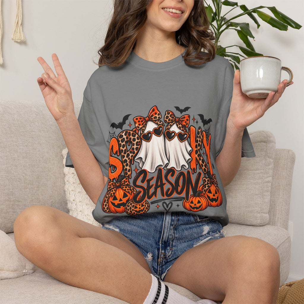 Spooky Season Halloween T-Shirt — Ghosts, Pumpkins & Leopard Bows