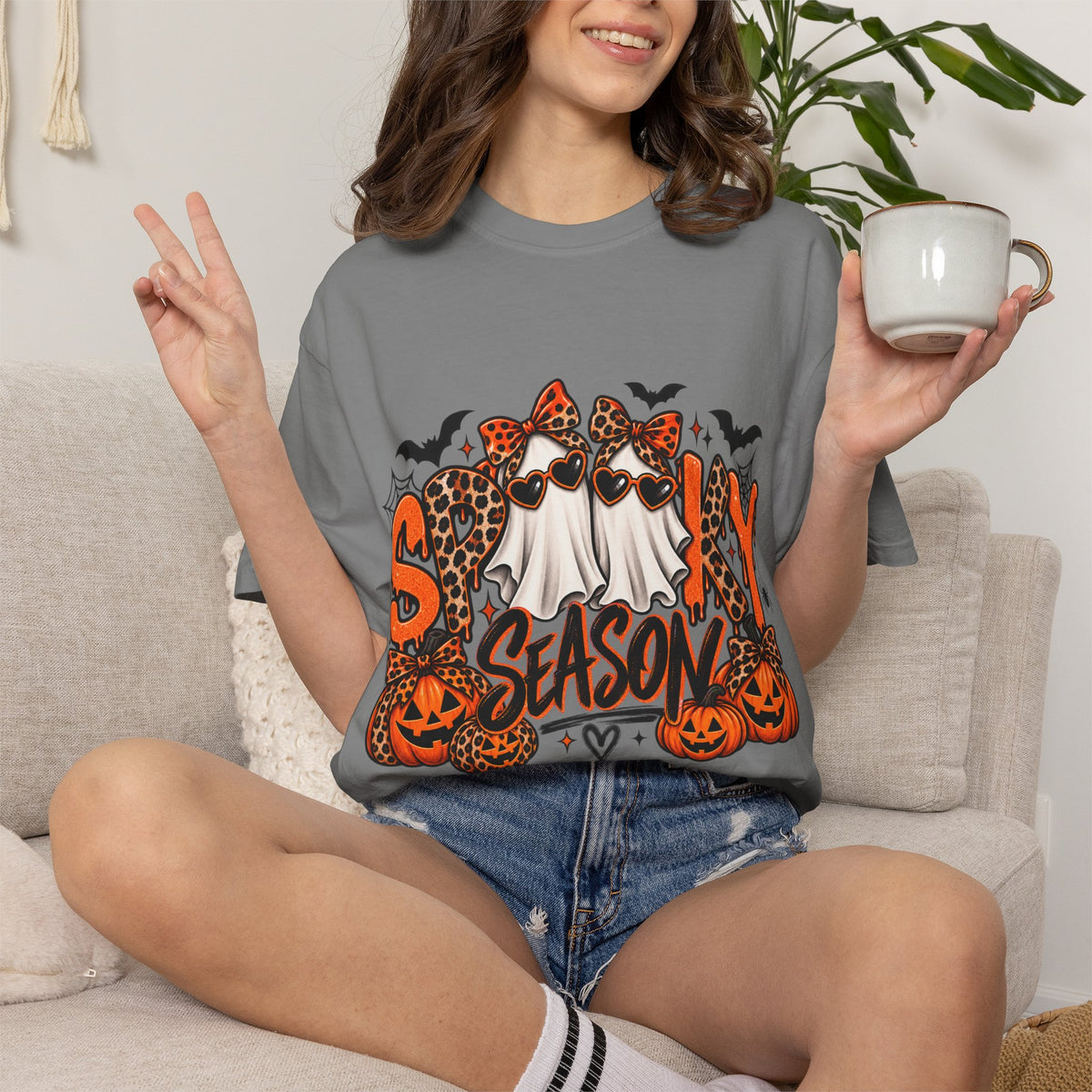 Spooky Season Halloween T-Shirt — Ghosts, Pumpkins & Leopard Bows