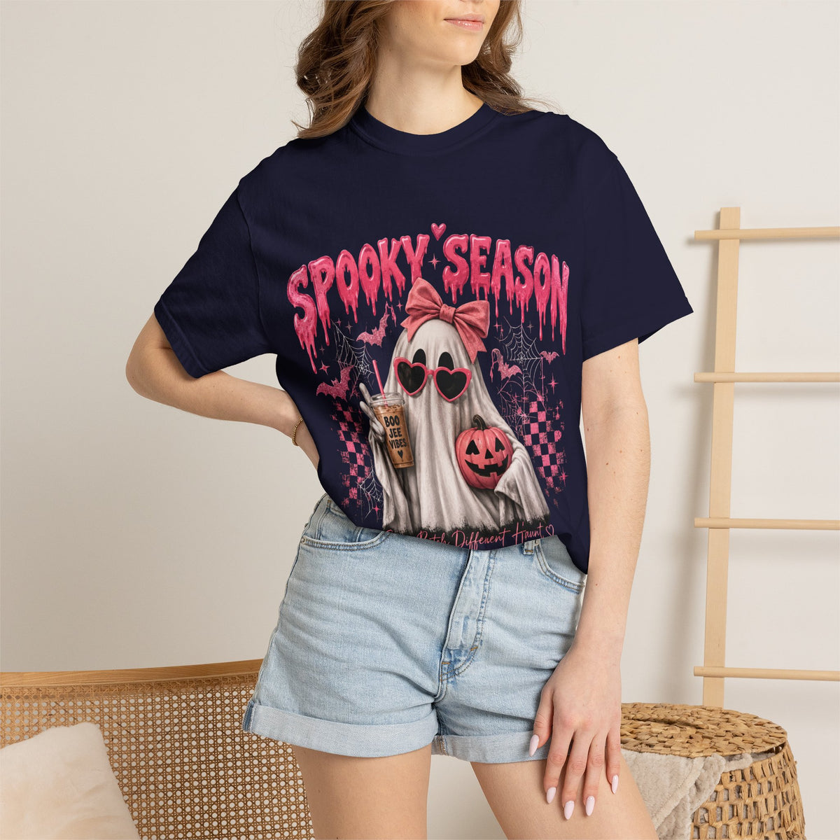 Spooky Season Ghost T-Shirt — Cute Pink Halloween Pumpkin & Trick-or-Treat Design