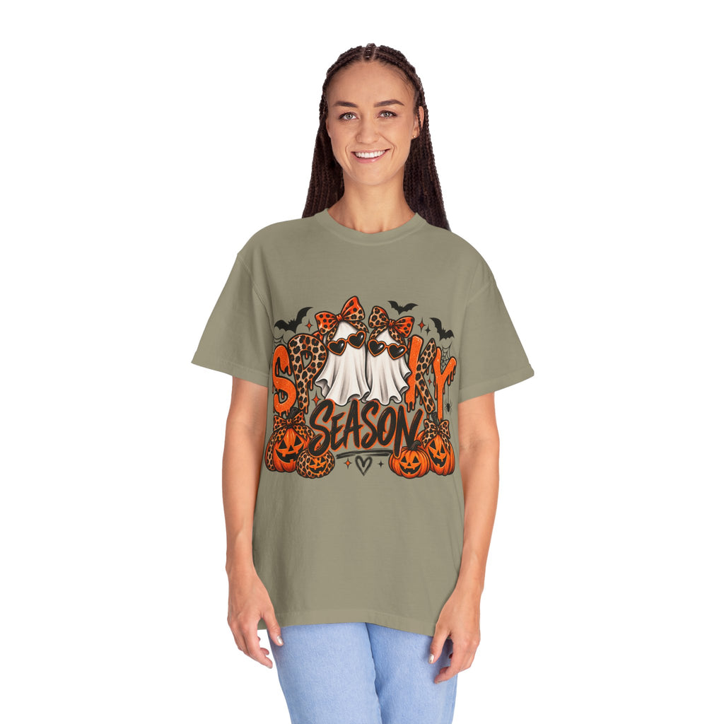 Spooky Season Halloween T-Shirt — Ghosts, Pumpkins & Leopard Bows
