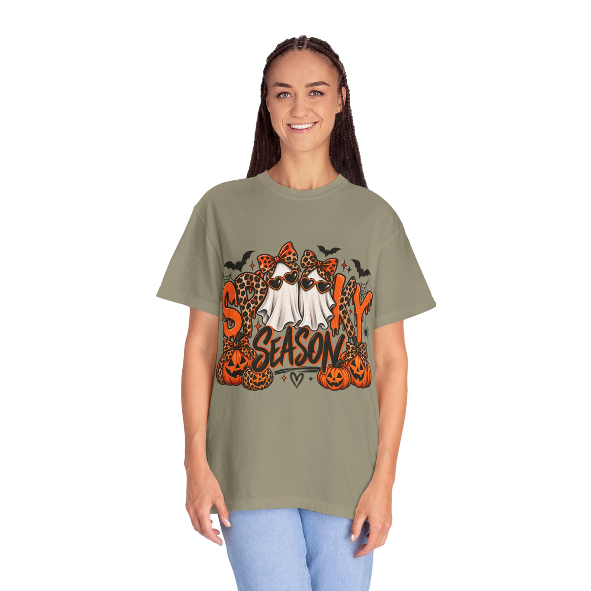 Spooky Season Halloween T-Shirt — Ghosts, Pumpkins & Leopard Bows