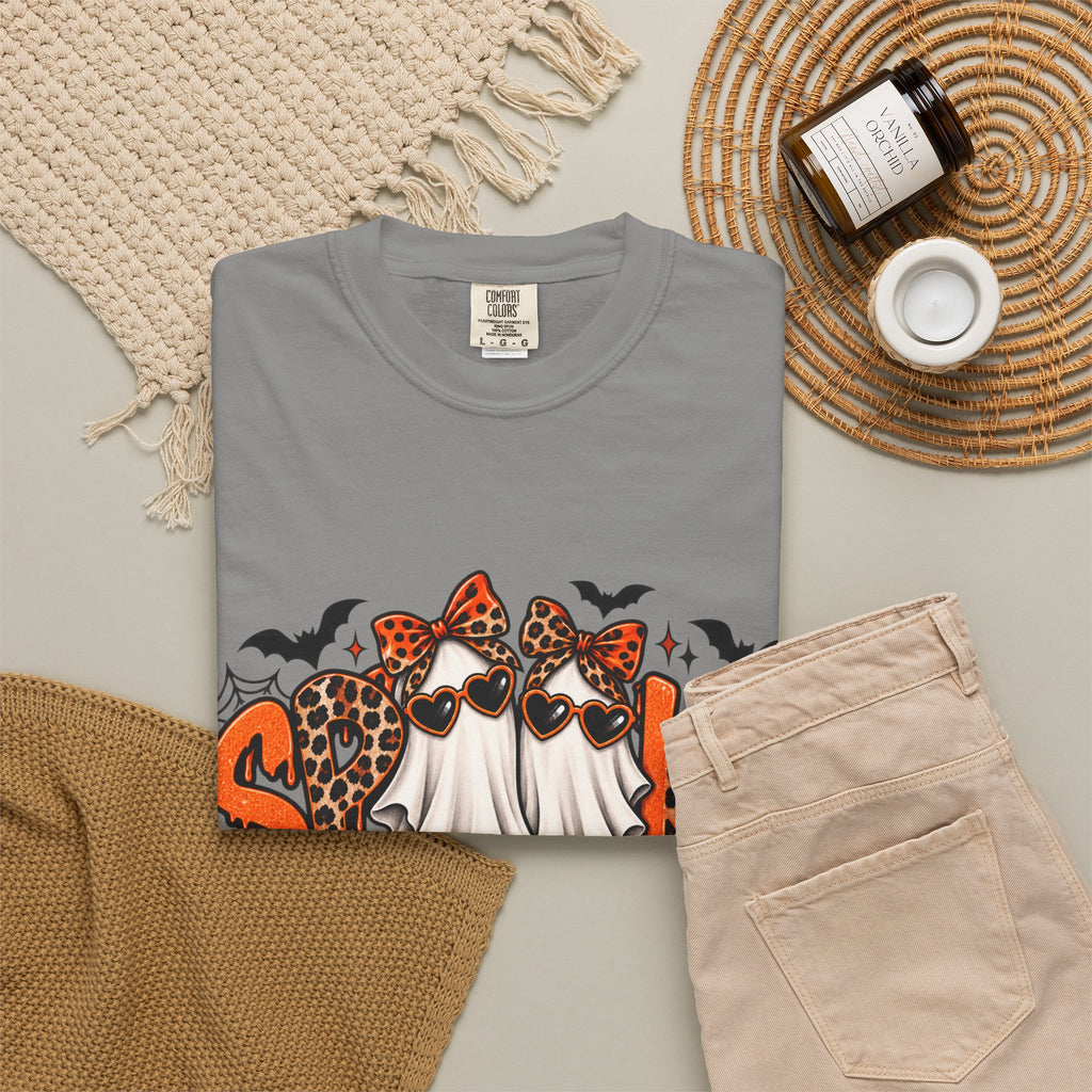 Spooky Season Halloween T-Shirt — Ghosts, Pumpkins & Leopard Bows