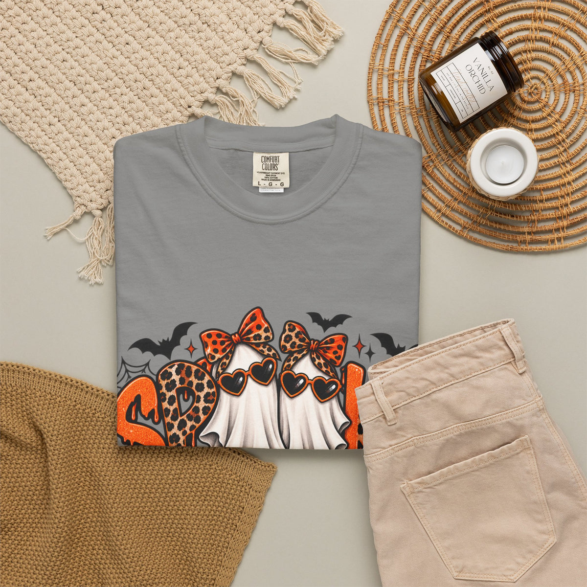 Spooky Season Halloween T-Shirt — Ghosts, Pumpkins & Leopard Bows