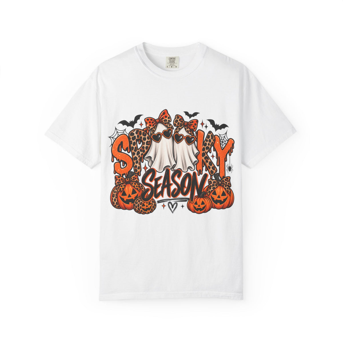 Spooky Season Halloween T-Shirt — Ghosts, Pumpkins & Leopard Bows
