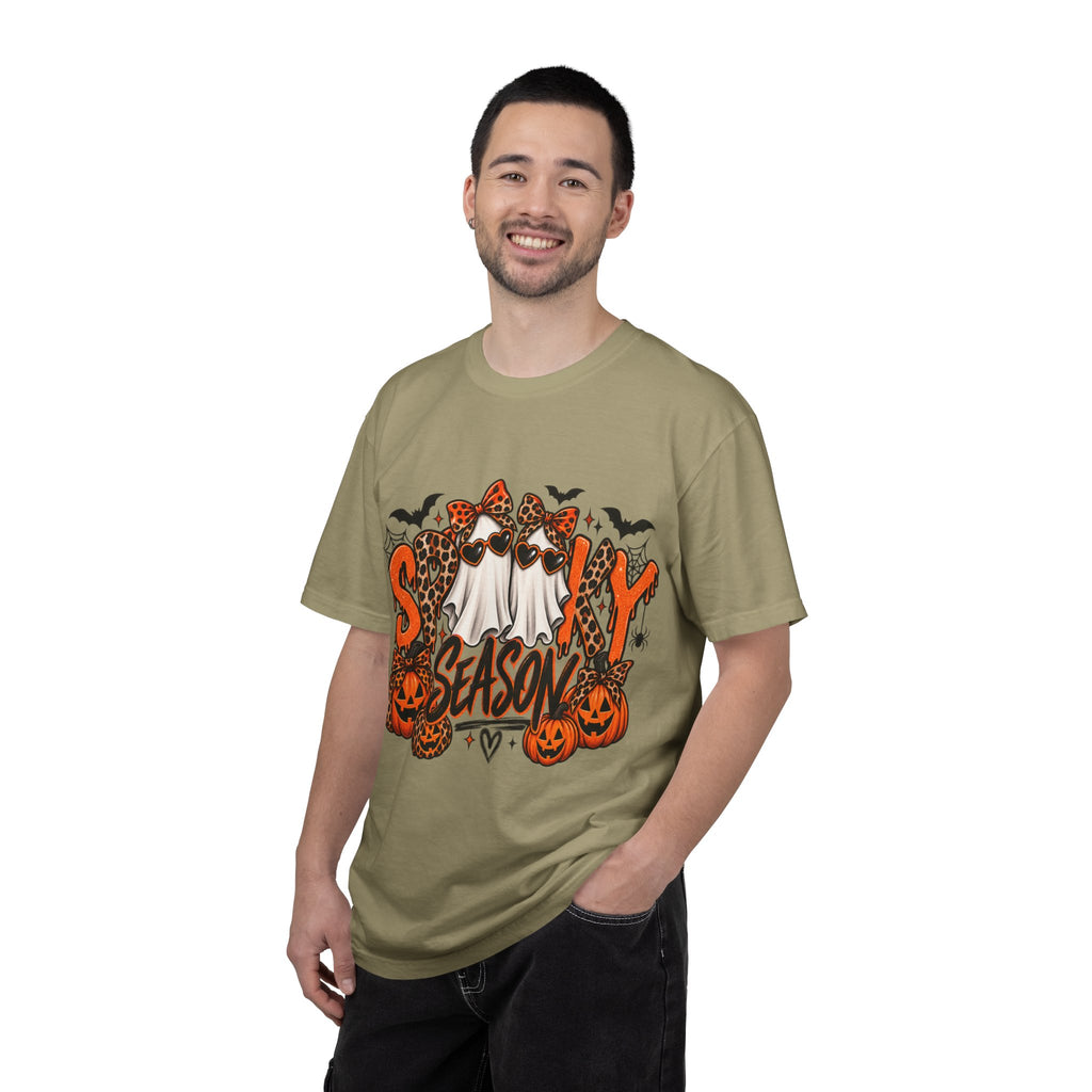 Spooky Season Halloween T-Shirt — Ghosts, Pumpkins & Leopard Bows