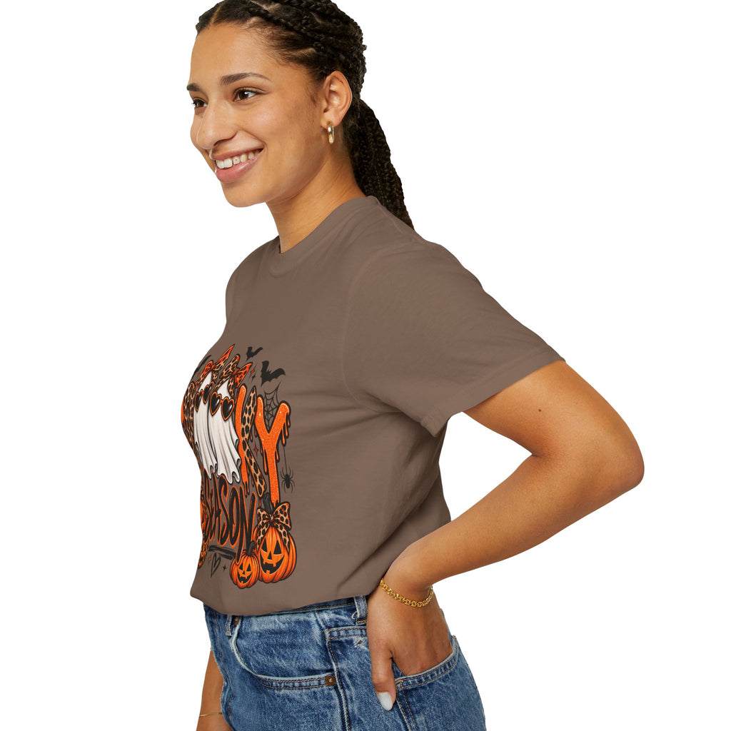 Spooky Season Halloween T-Shirt — Ghosts, Pumpkins & Leopard Bows