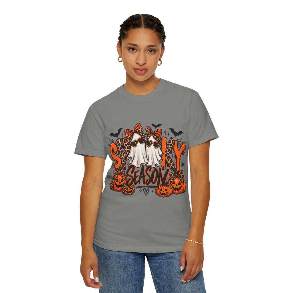 Spooky Season Halloween T-Shirt — Ghosts, Pumpkins & Leopard Bows