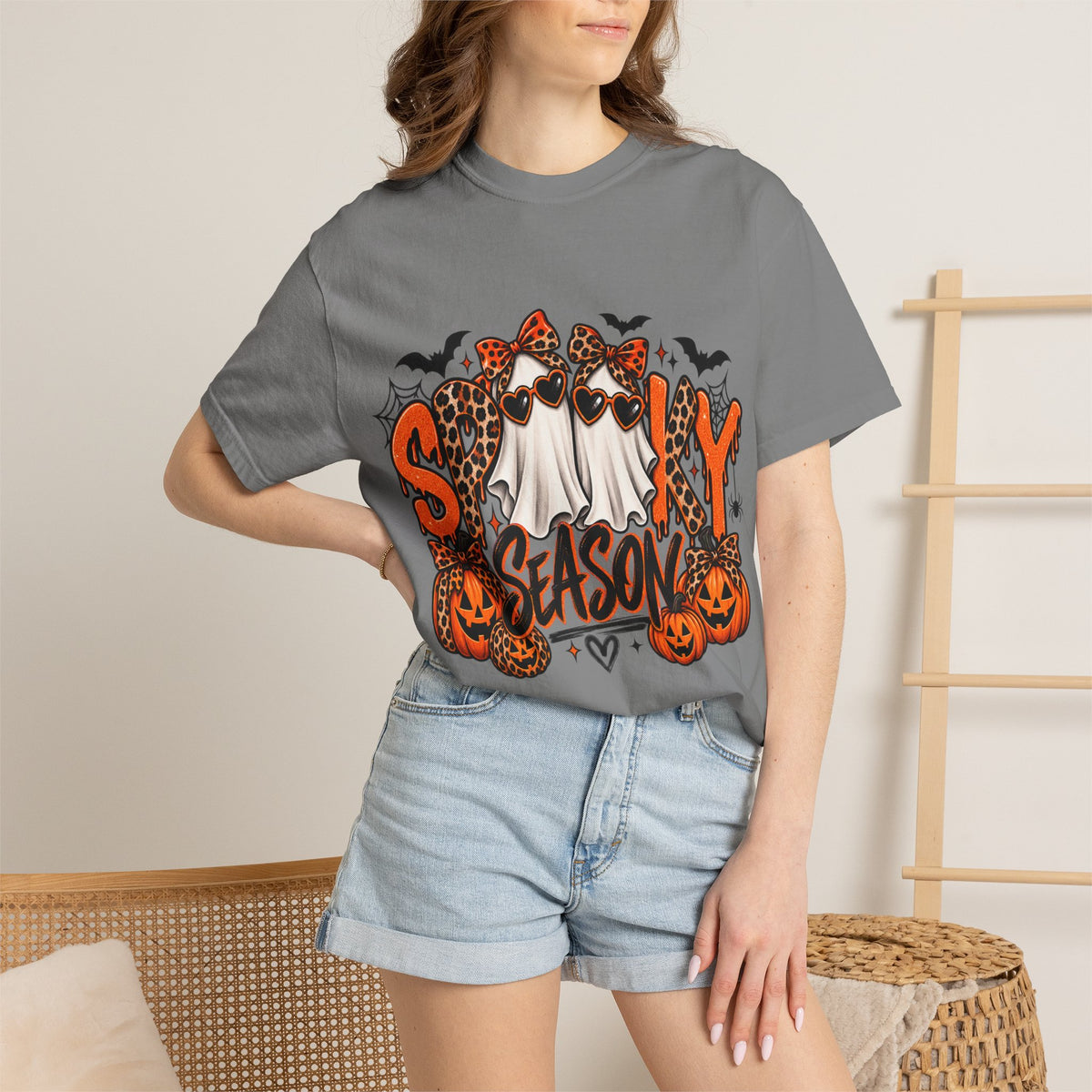 Spooky Season Halloween T-Shirt — Ghosts, Pumpkins & Leopard Bows