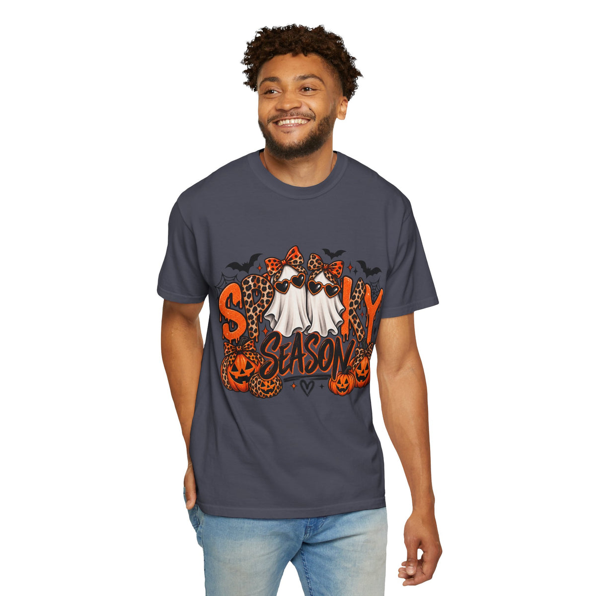 Spooky Season Halloween T-Shirt — Ghosts, Pumpkins & Leopard Bows