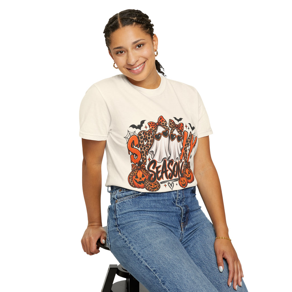 Spooky Season Halloween T-Shirt — Ghosts, Pumpkins & Leopard Bows