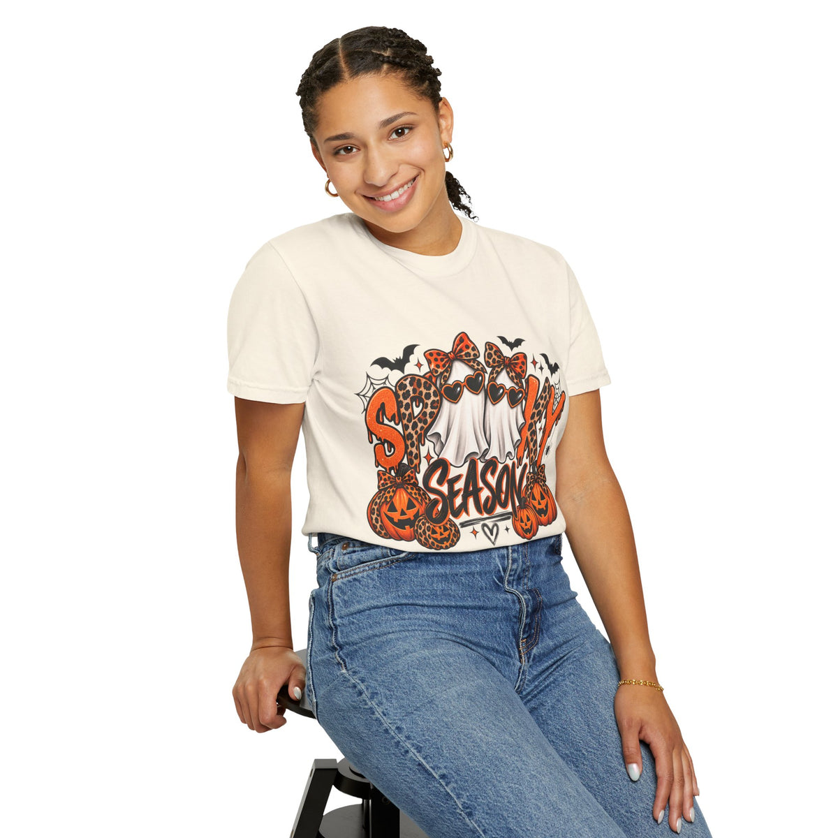 Spooky Season Halloween T-Shirt — Ghosts, Pumpkins & Leopard Bows