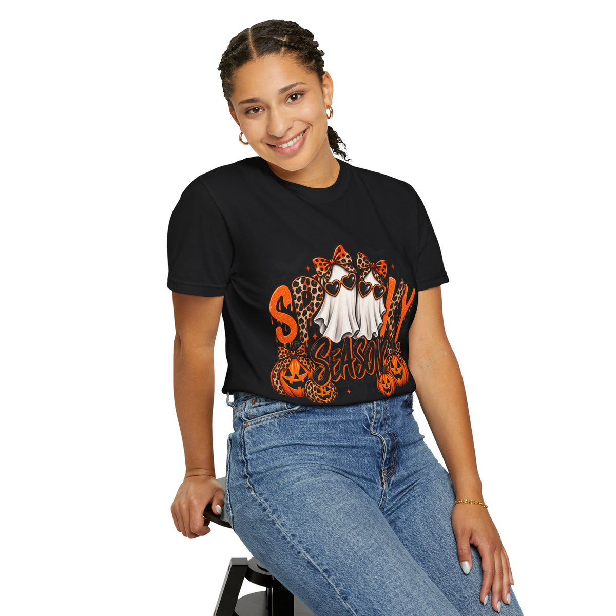 Spooky Season Halloween T-Shirt — Ghosts, Pumpkins & Leopard Bows
