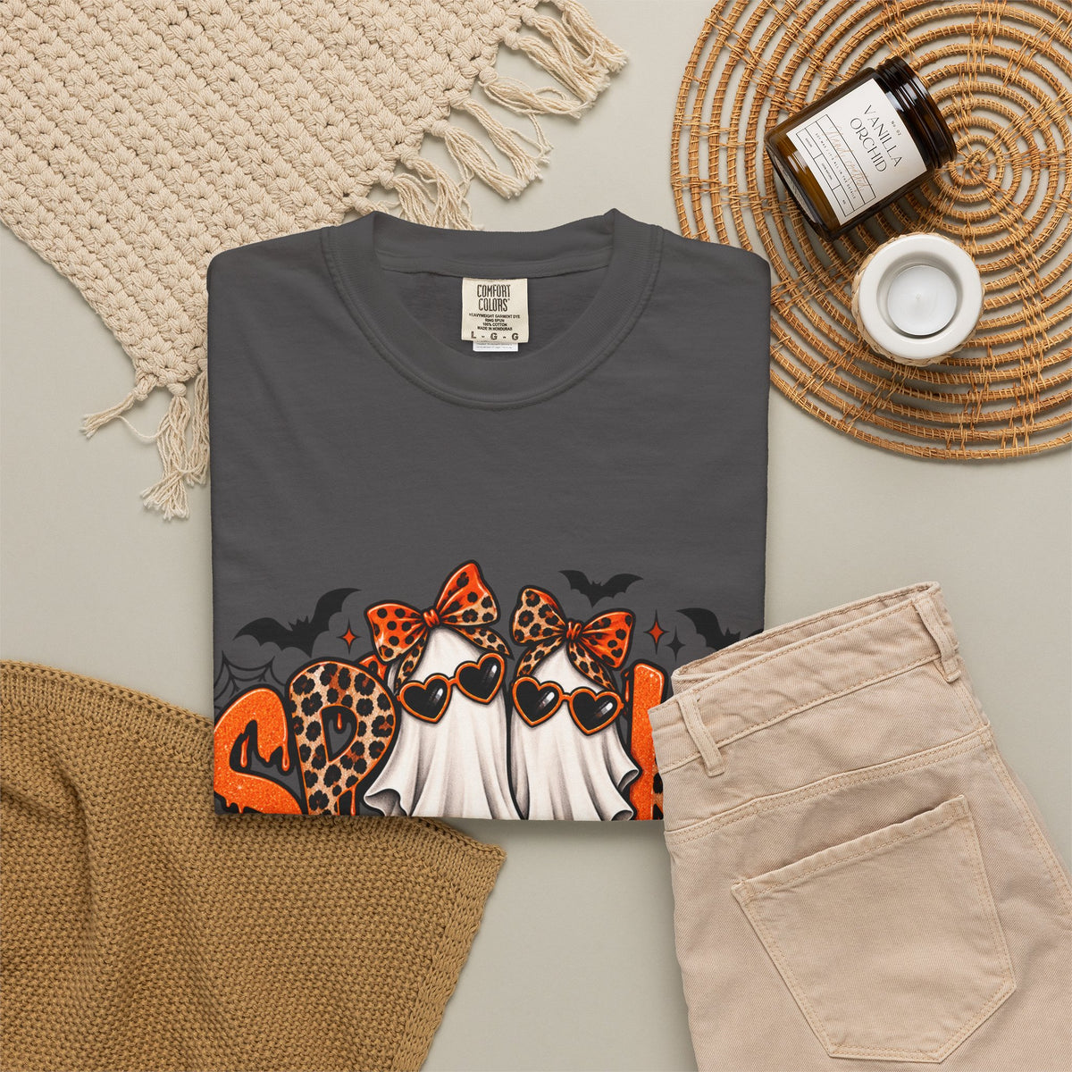 Spooky Season Halloween T-Shirt — Ghosts, Pumpkins & Leopard Bows