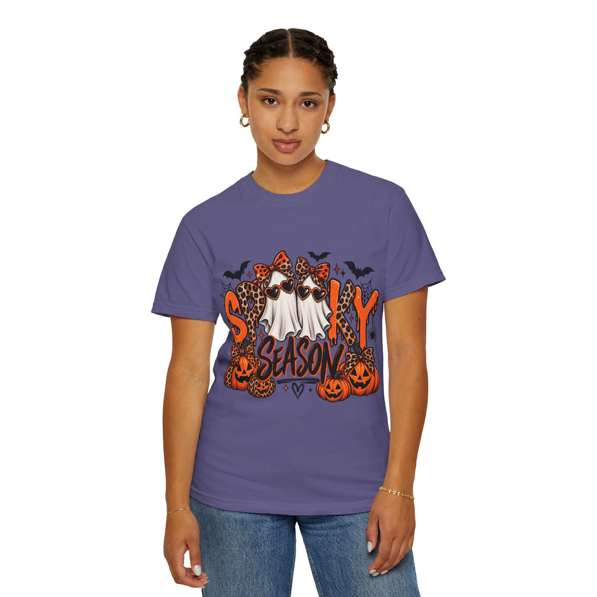 Spooky Season Halloween T-Shirt — Ghosts, Pumpkins & Leopard Bows