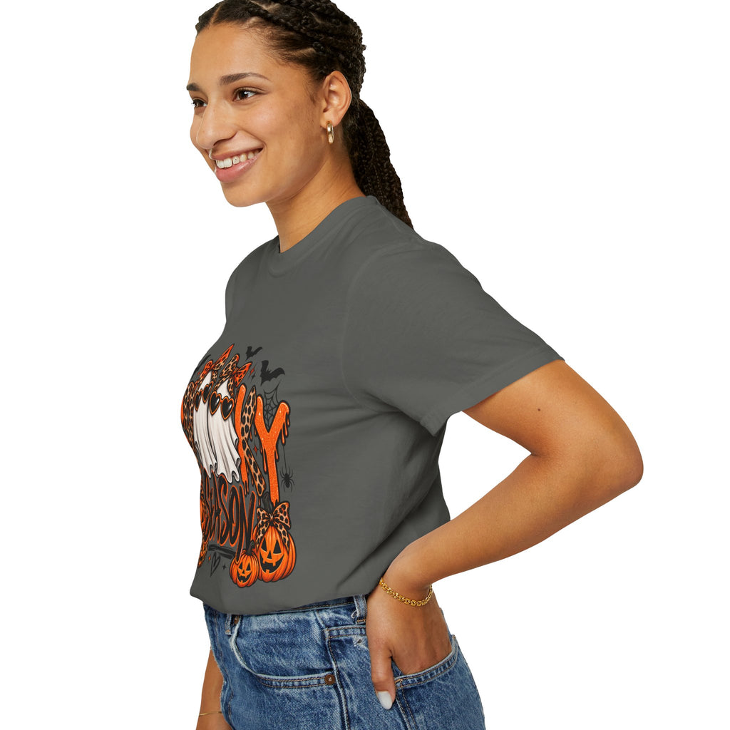 Spooky Season Halloween T-Shirt — Ghosts, Pumpkins & Leopard Bows
