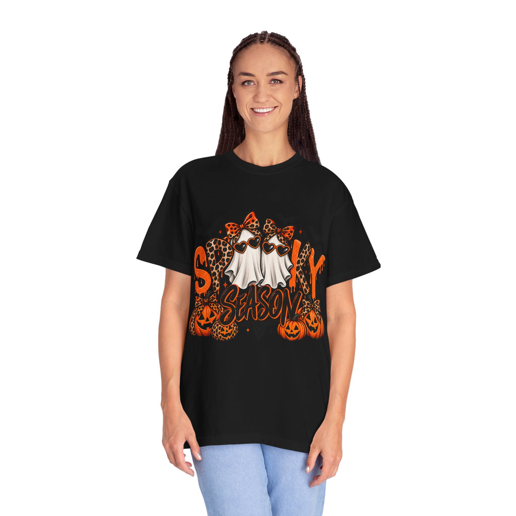 Spooky Season Halloween T-Shirt — Ghosts, Pumpkins & Leopard Bows