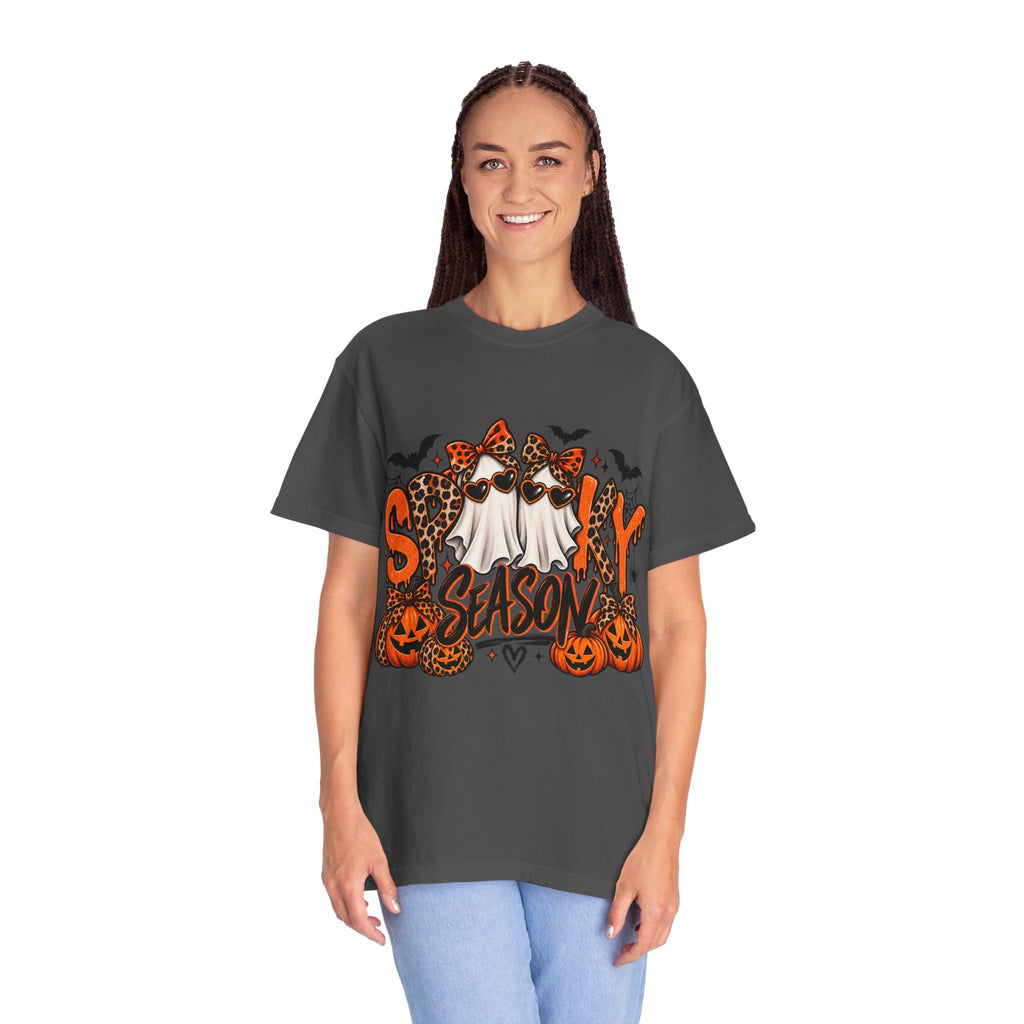 Spooky Season Halloween T-Shirt — Ghosts, Pumpkins & Leopard Bows
