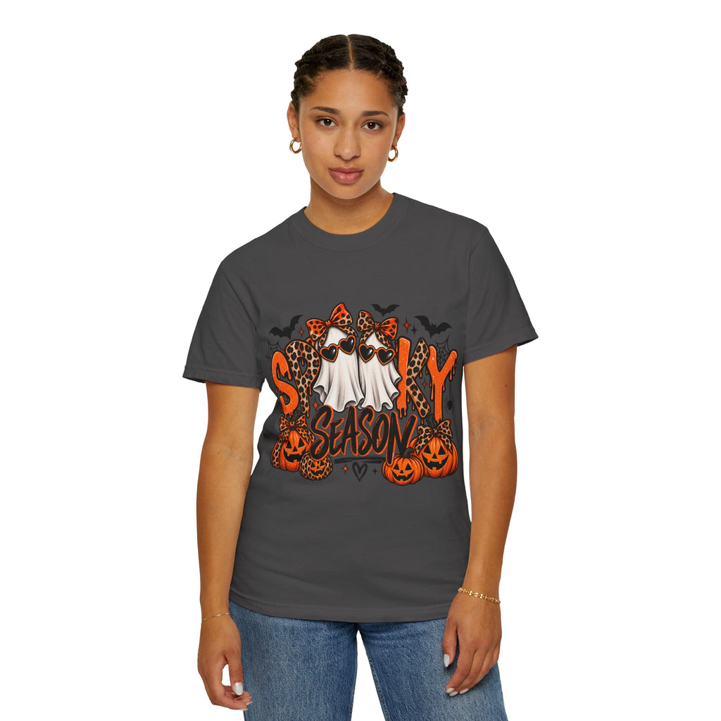 Spooky Season Halloween T-Shirt — Ghosts, Pumpkins & Leopard Bows