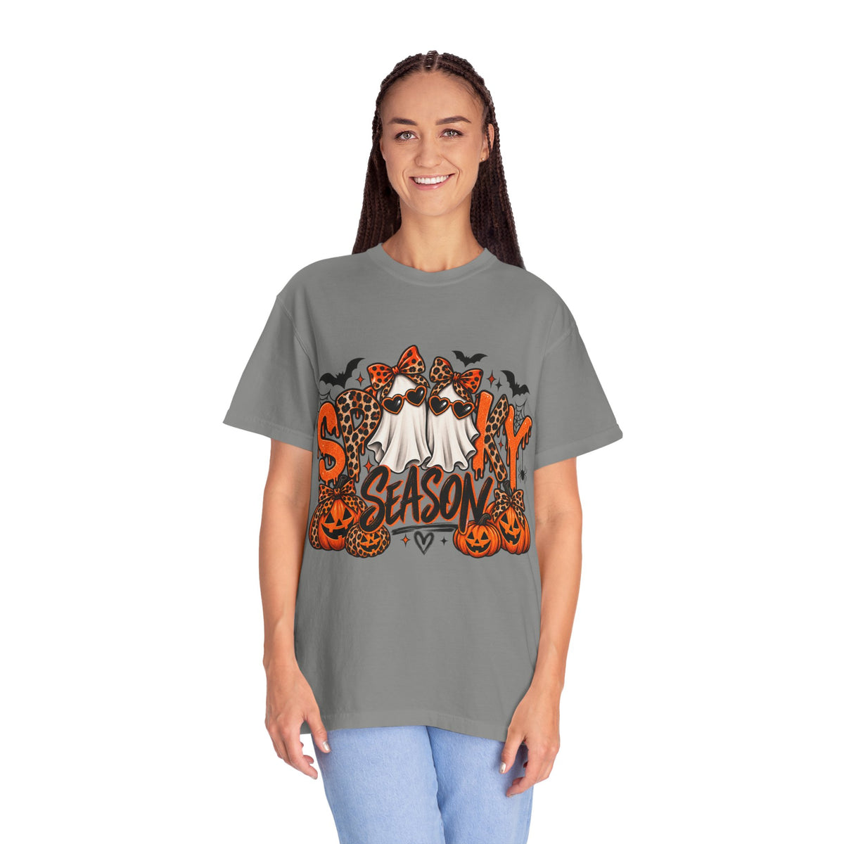 Spooky Season Halloween T-Shirt — Ghosts, Pumpkins & Leopard Bows