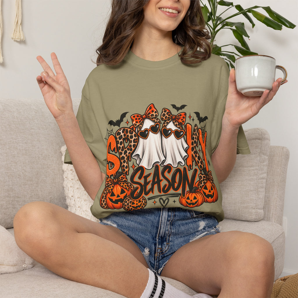 Spooky Season Halloween T-Shirt — Ghosts, Pumpkins & Leopard Bows