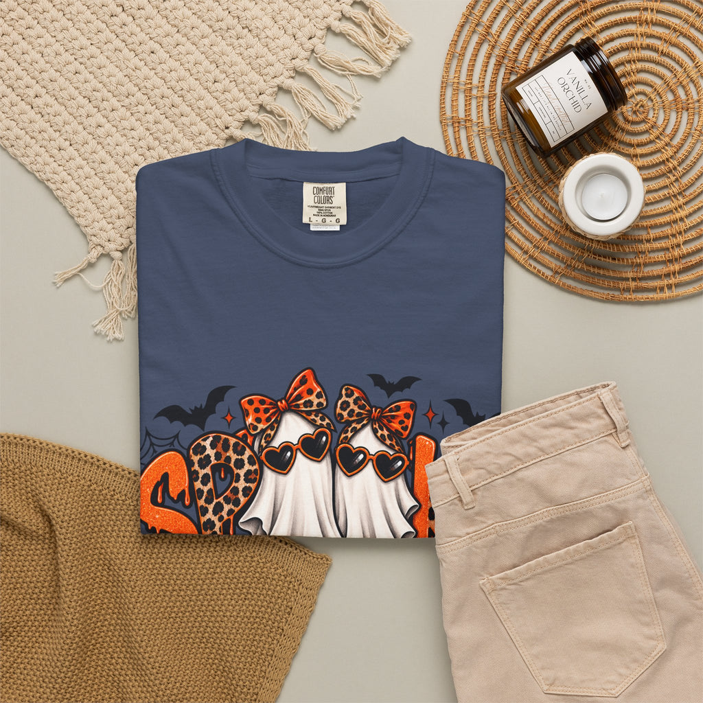 Spooky Season Halloween T-Shirt — Ghosts, Pumpkins & Leopard Bows