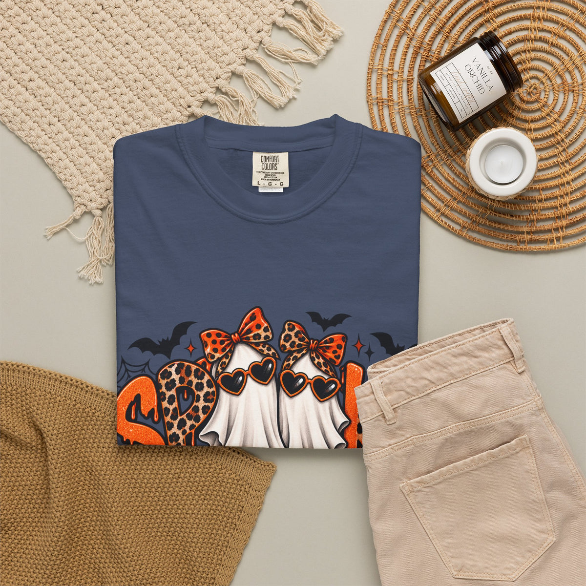 Spooky Season Halloween T-Shirt — Ghosts, Pumpkins & Leopard Bows