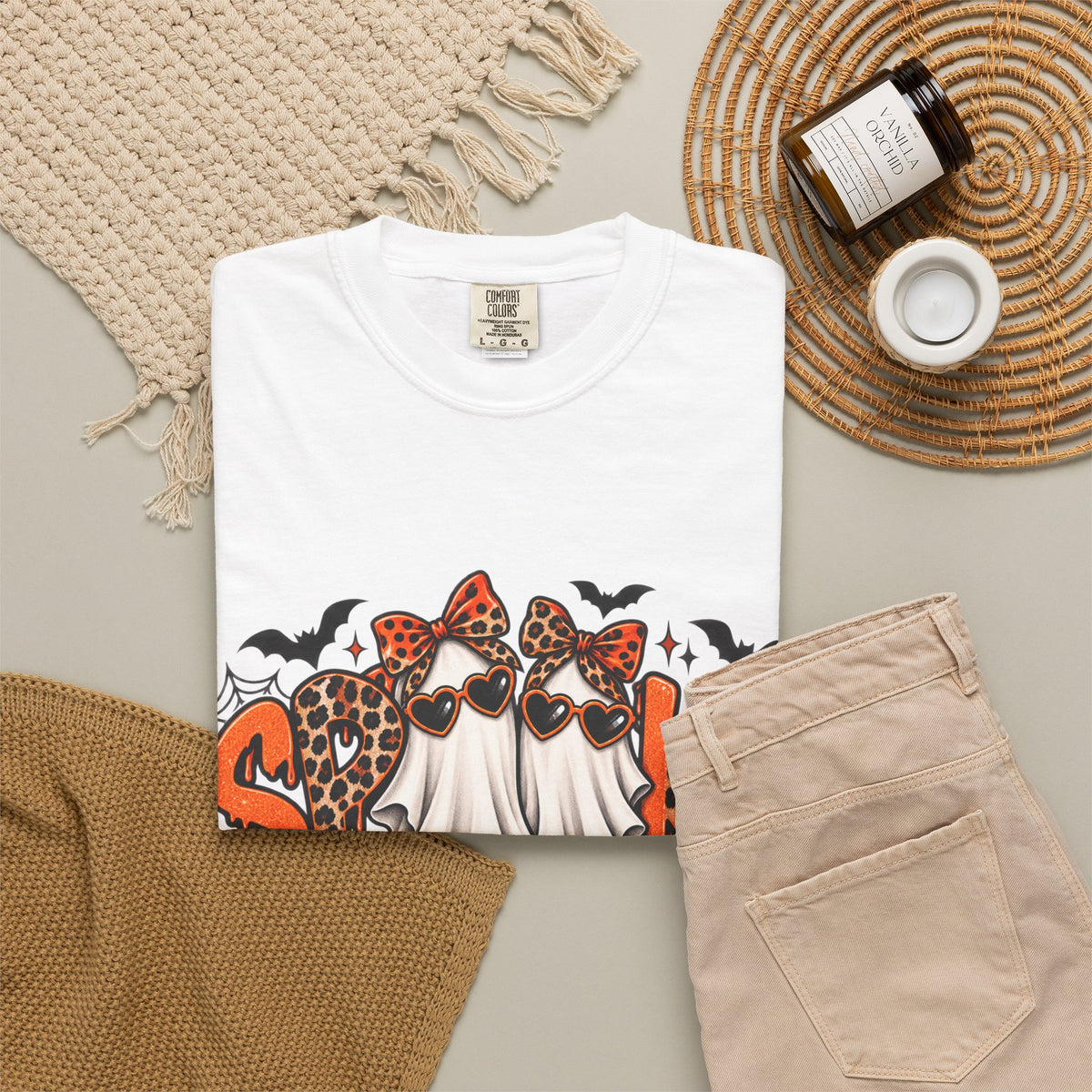 Spooky Season Halloween T-Shirt — Ghosts, Pumpkins & Leopard Bows