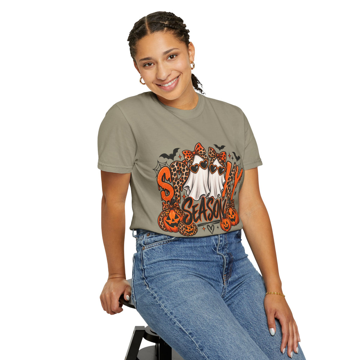 Spooky Season Halloween T-Shirt — Ghosts, Pumpkins & Leopard Bows