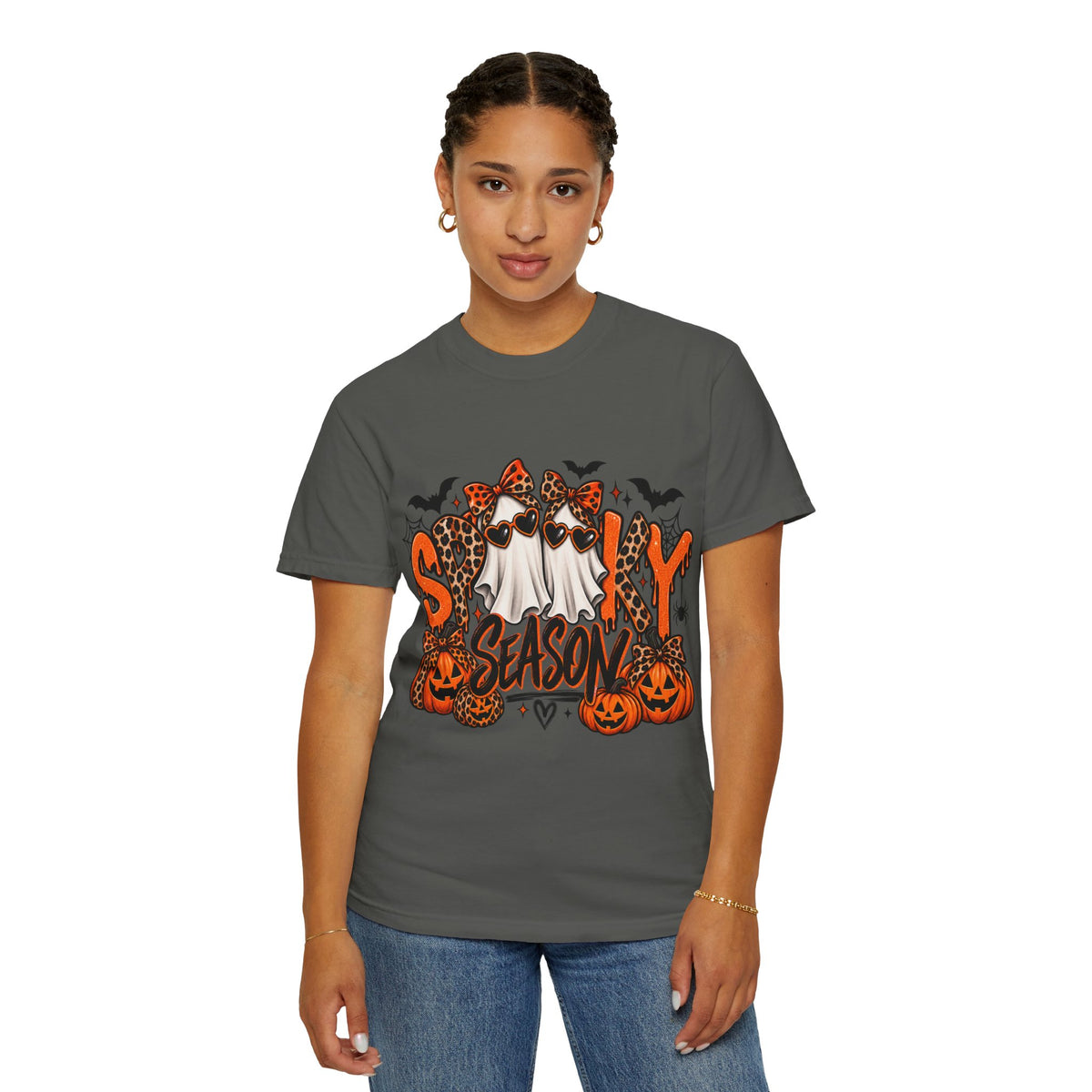Spooky Season Halloween T-Shirt — Ghosts, Pumpkins & Leopard Bows
