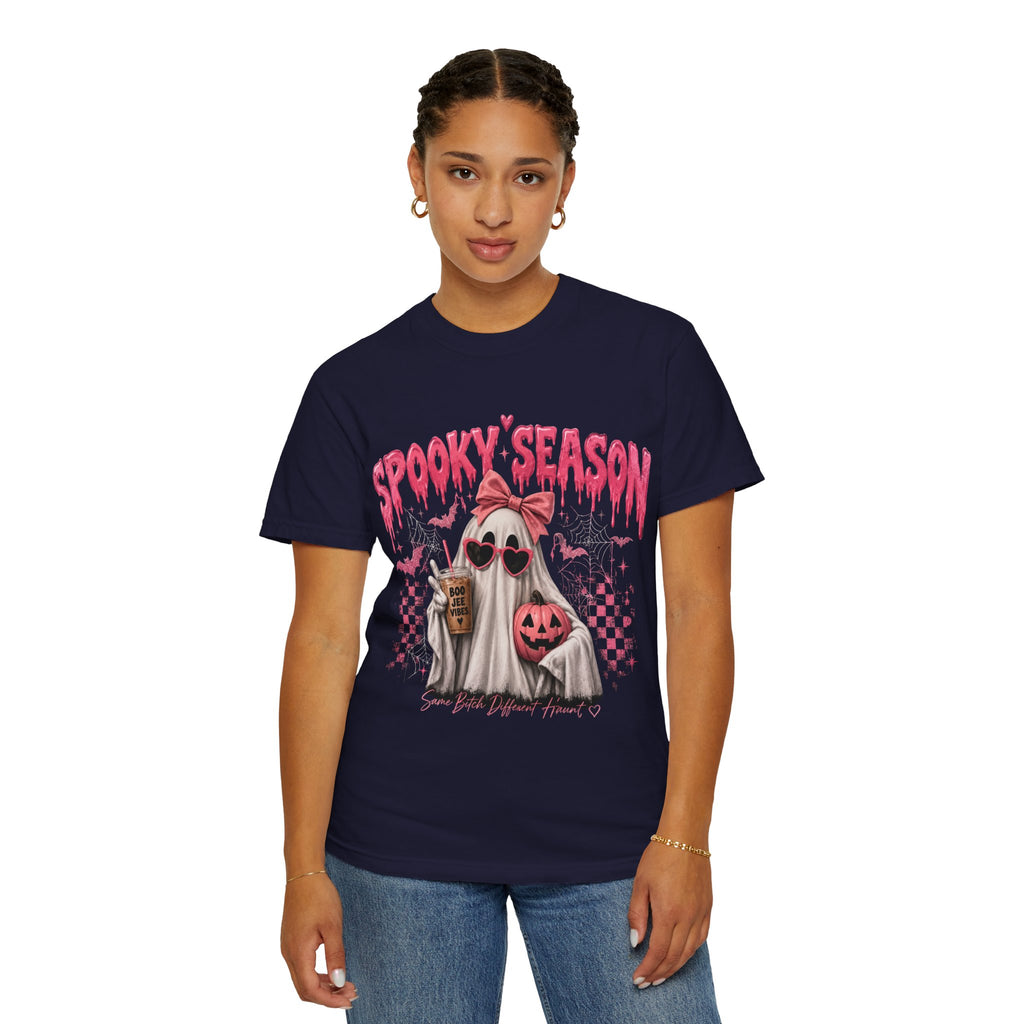 Spooky Season Ghost T-Shirt — Cute Pink Halloween Pumpkin & Trick-or-Treat Design