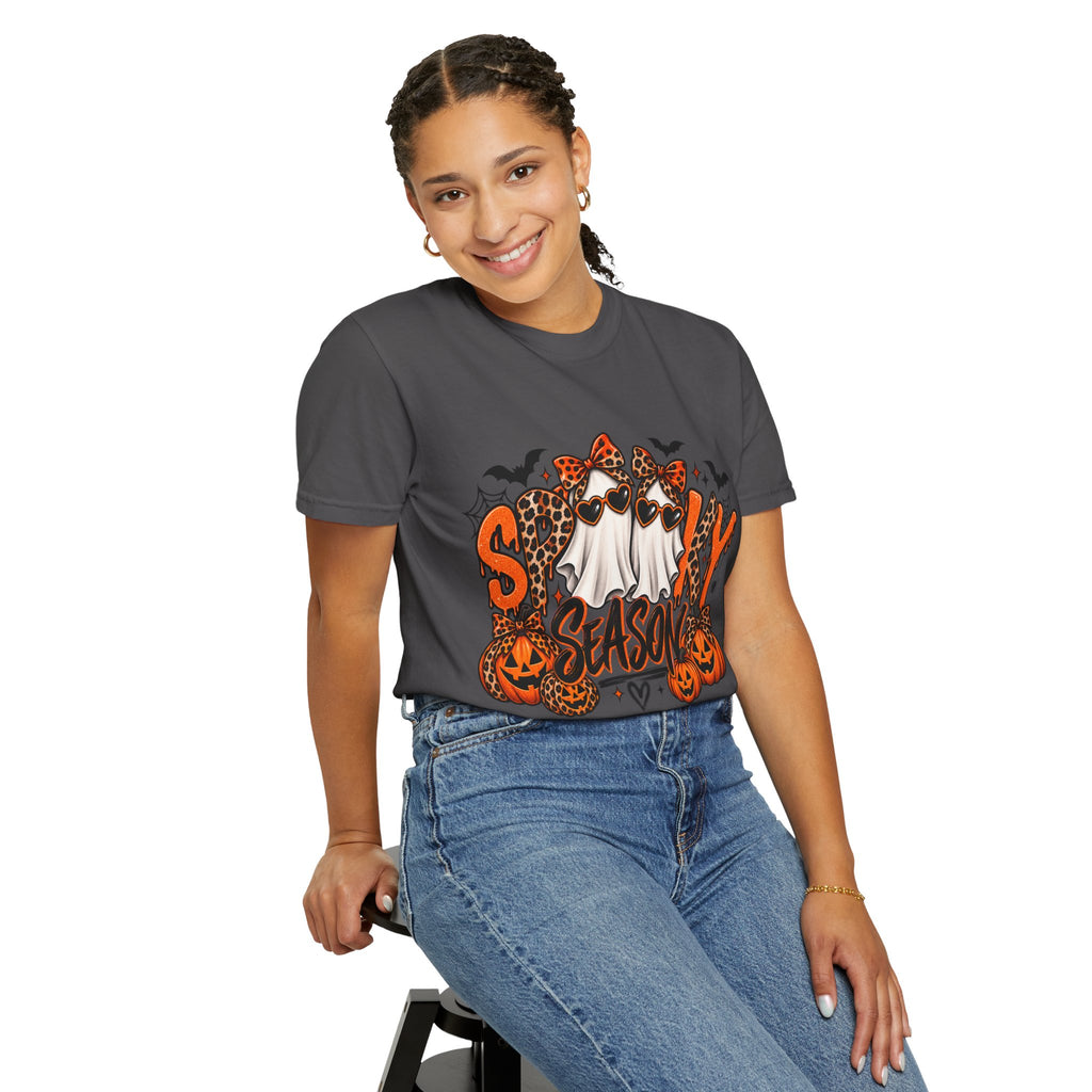 Spooky Season Halloween T-Shirt — Ghosts, Pumpkins & Leopard Bows