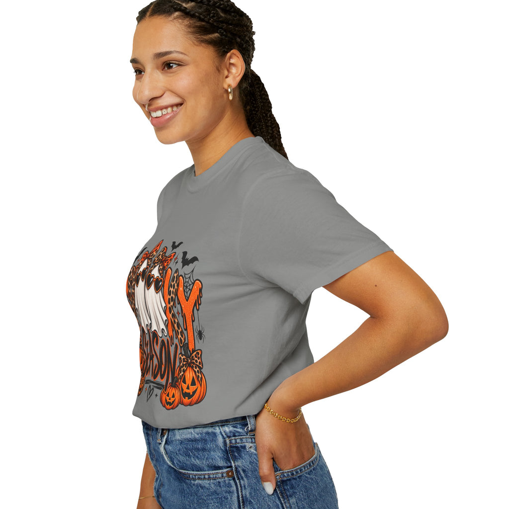 Spooky Season Halloween T-Shirt — Ghosts, Pumpkins & Leopard Bows