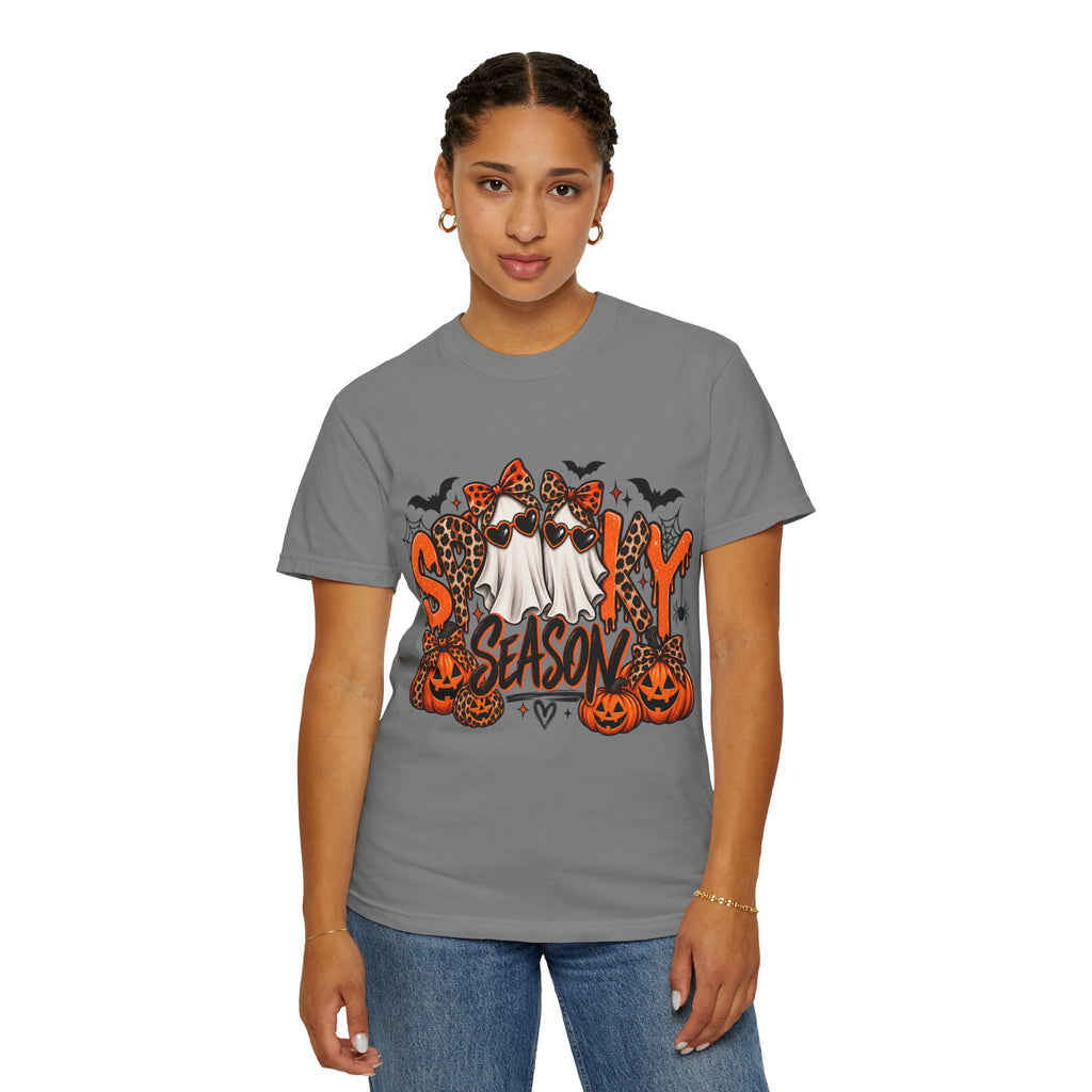 Spooky Season Halloween T-Shirt — Ghosts, Pumpkins & Leopard Bows