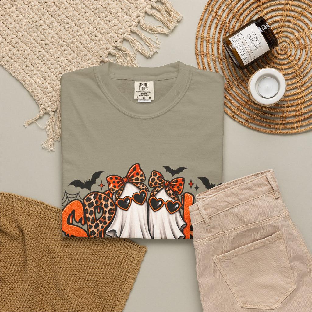 Spooky Season Halloween T-Shirt — Ghosts, Pumpkins & Leopard Bows