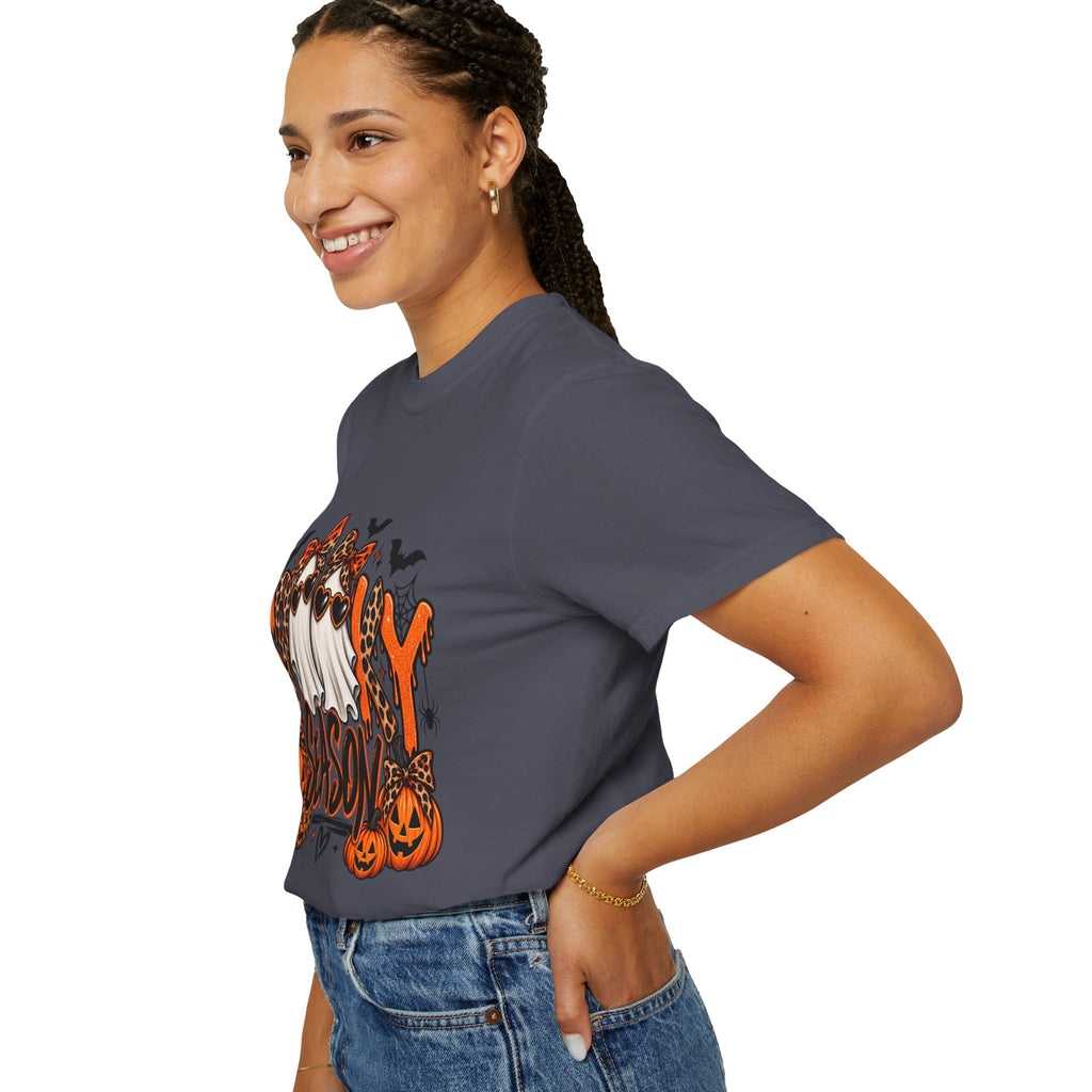 Spooky Season Halloween T-Shirt — Ghosts, Pumpkins & Leopard Bows