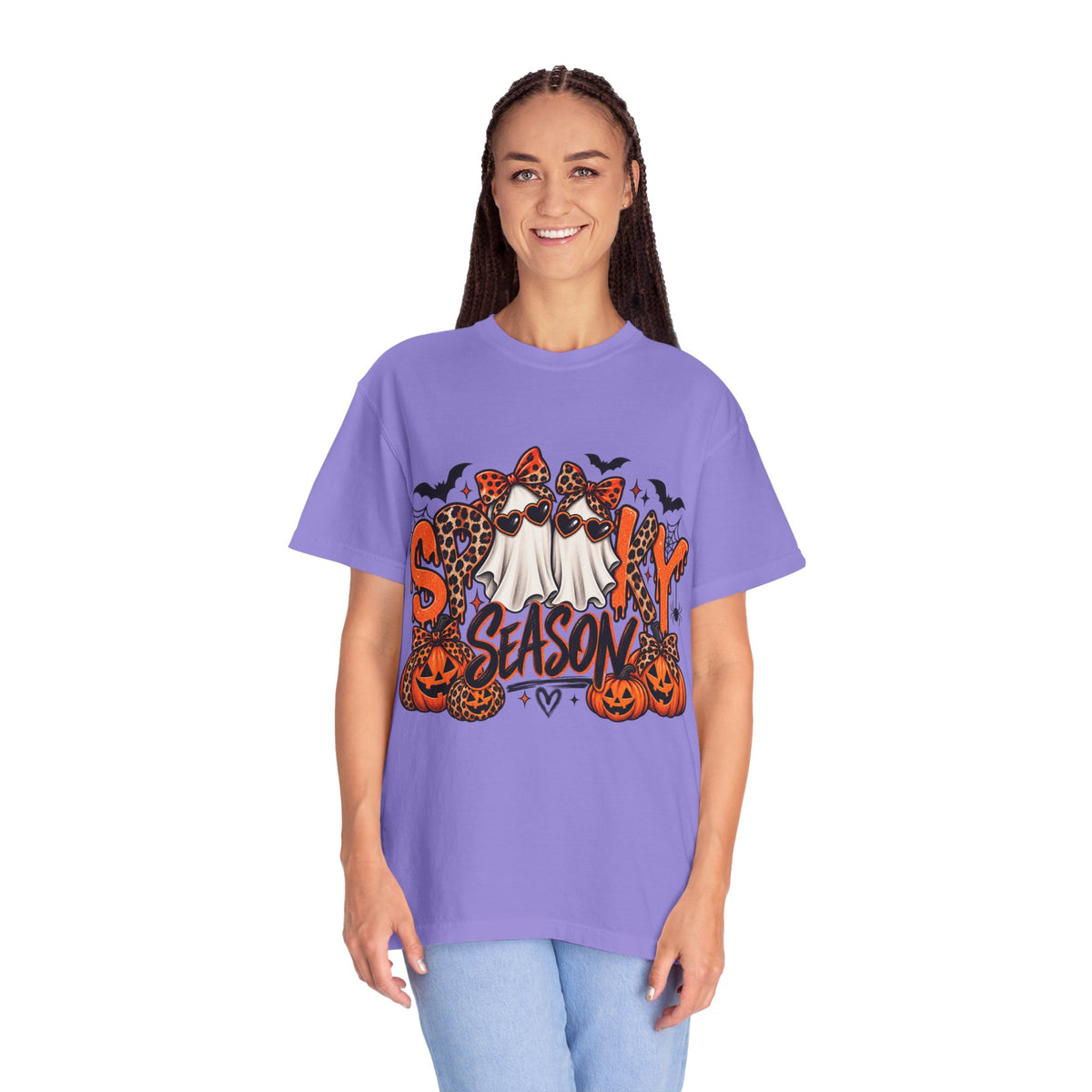 Spooky Season Halloween T-Shirt — Ghosts, Pumpkins & Leopard Bows