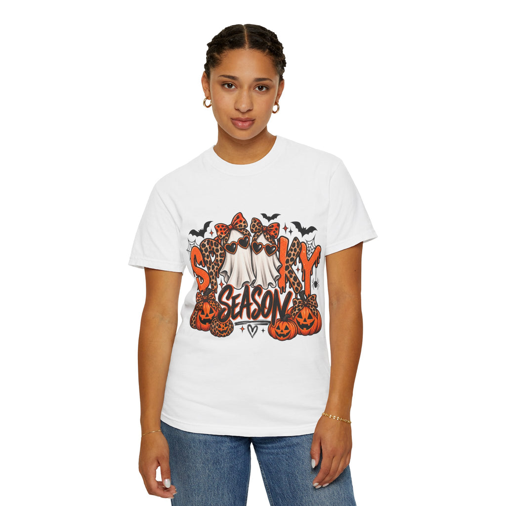 Spooky Season Halloween T-Shirt — Ghosts, Pumpkins & Leopard Bows