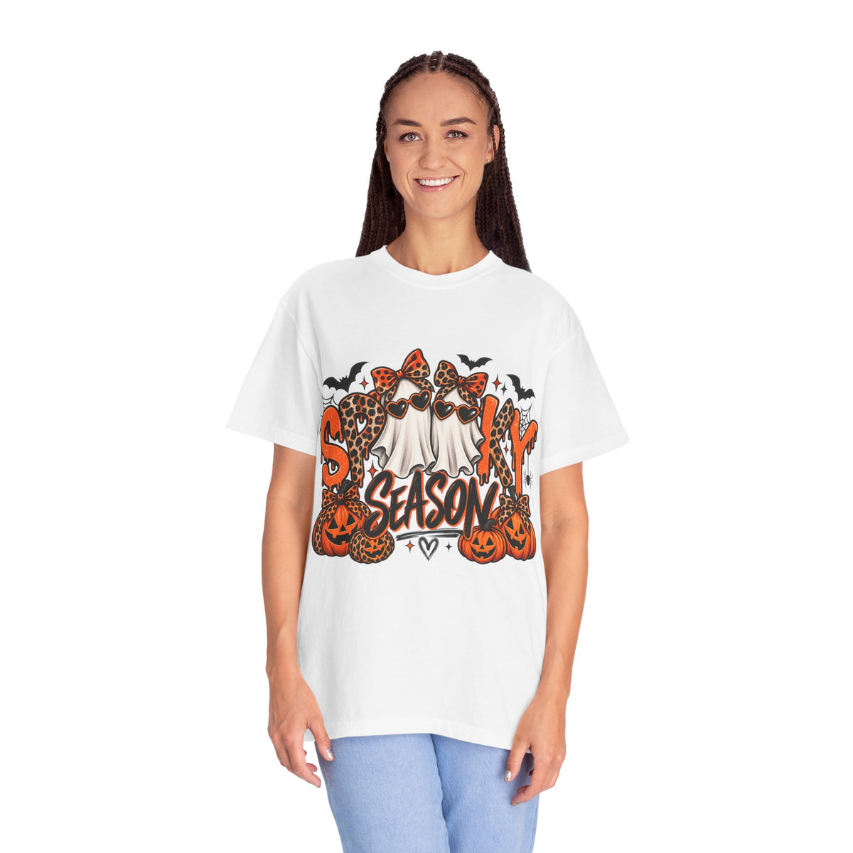 Spooky Season Halloween T-Shirt — Ghosts, Pumpkins & Leopard Bows