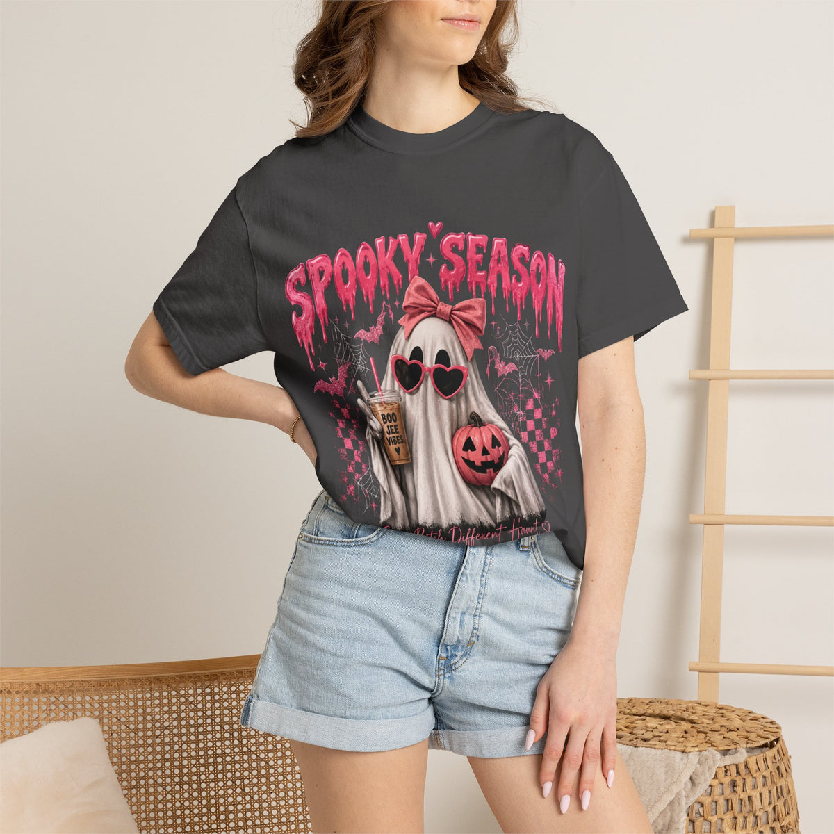 Spooky Season Ghost T-Shirt — Cute Pink Halloween Pumpkin & Trick-or-Treat Design