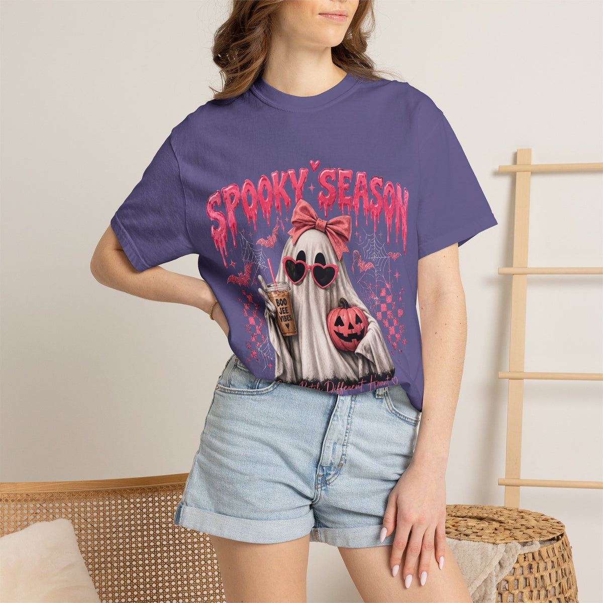 Spooky Season Ghost T-Shirt — Cute Pink Halloween Pumpkin & Trick-or-Treat Design