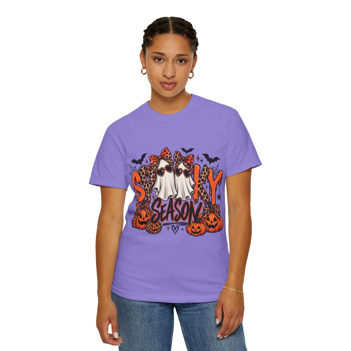 Spooky Season Halloween T-Shirt — Ghosts, Pumpkins & Leopard Bows
